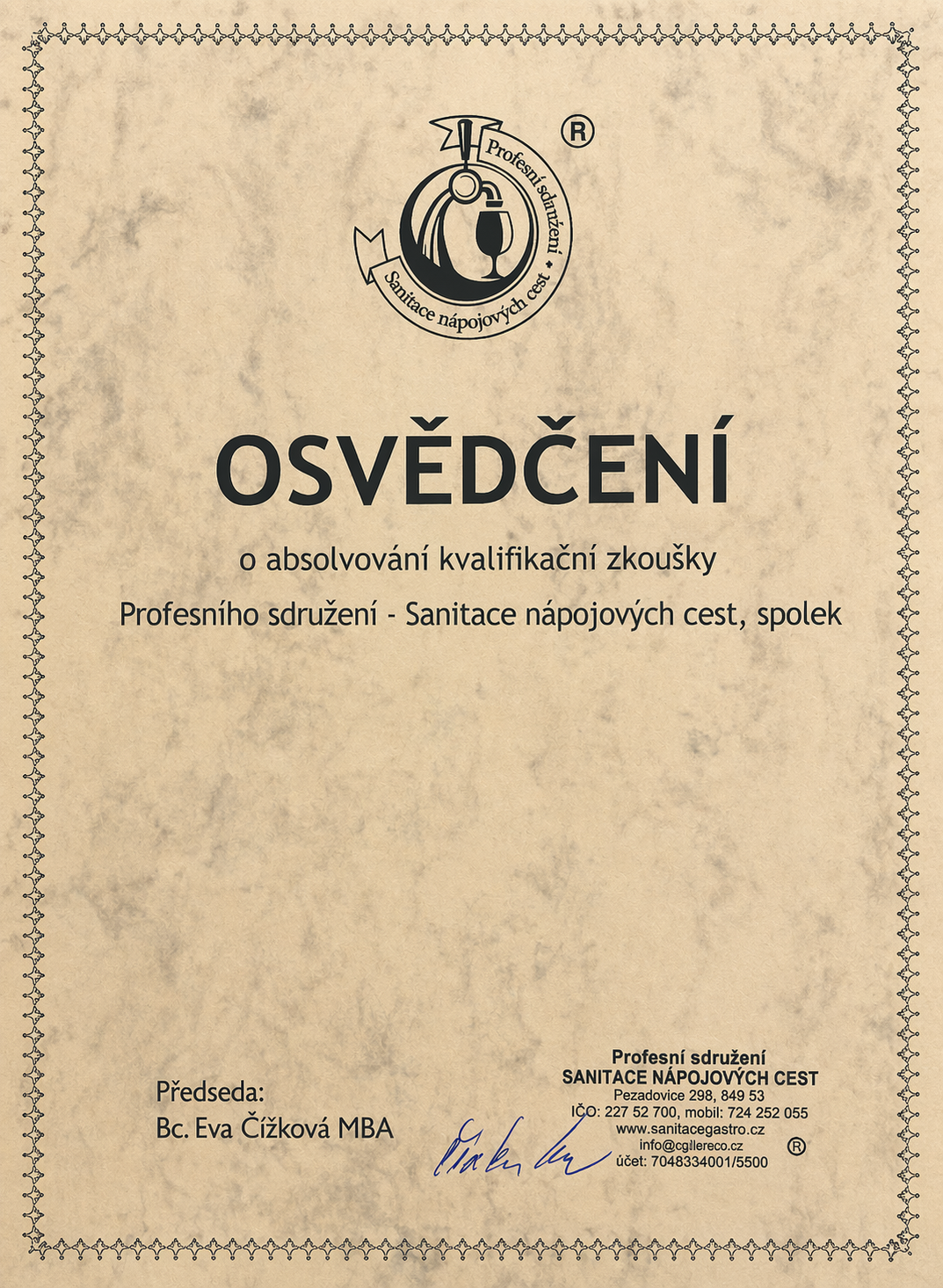 osvědčení sanitace výčepních zařízení